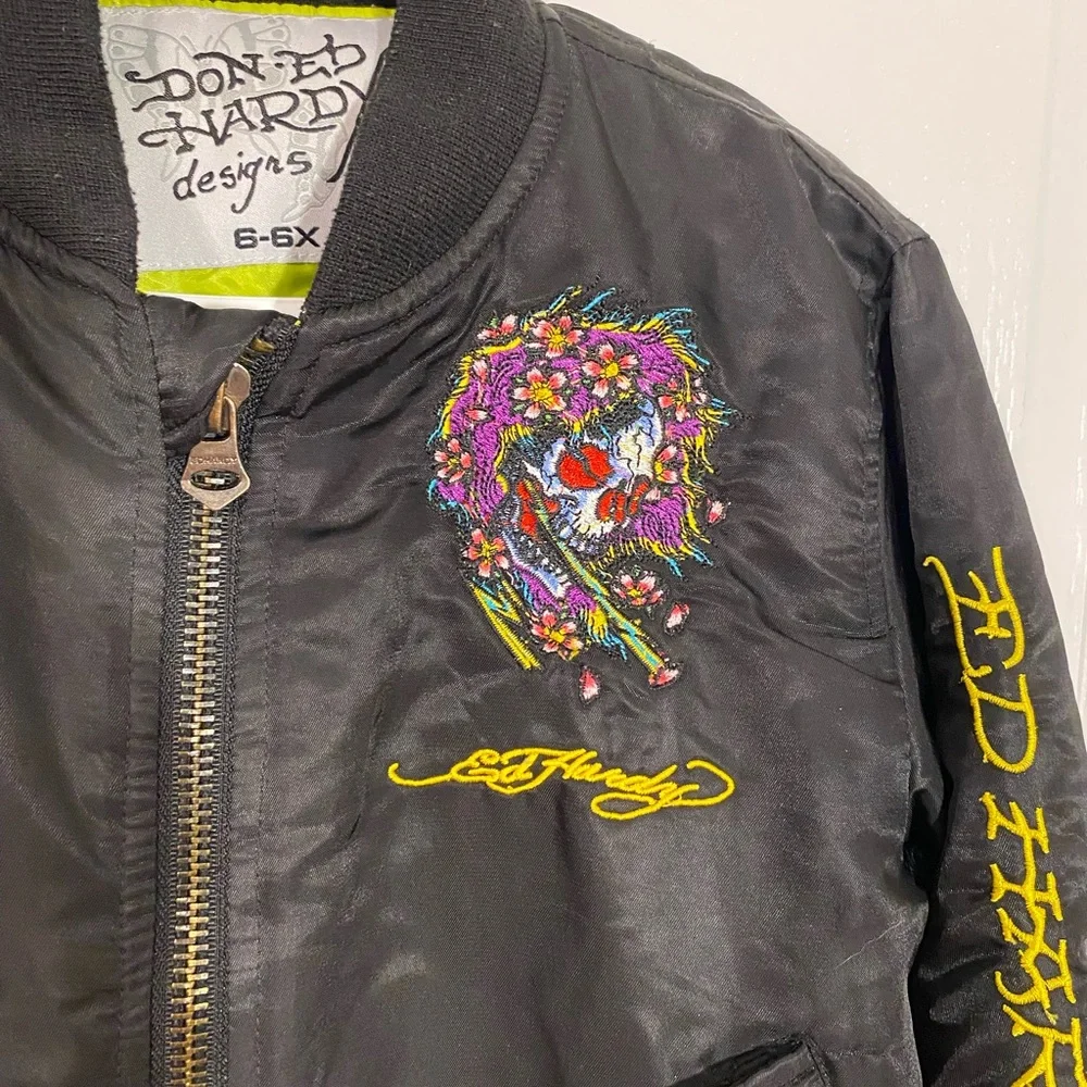 Y2K Ed Hardy Kids Skull Embroidered Satin Bomber Jacket Black Boys 6/7
